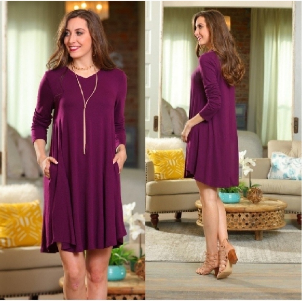 Sz L Plum V Neck Tunic Dress - Picture 3 of 4
